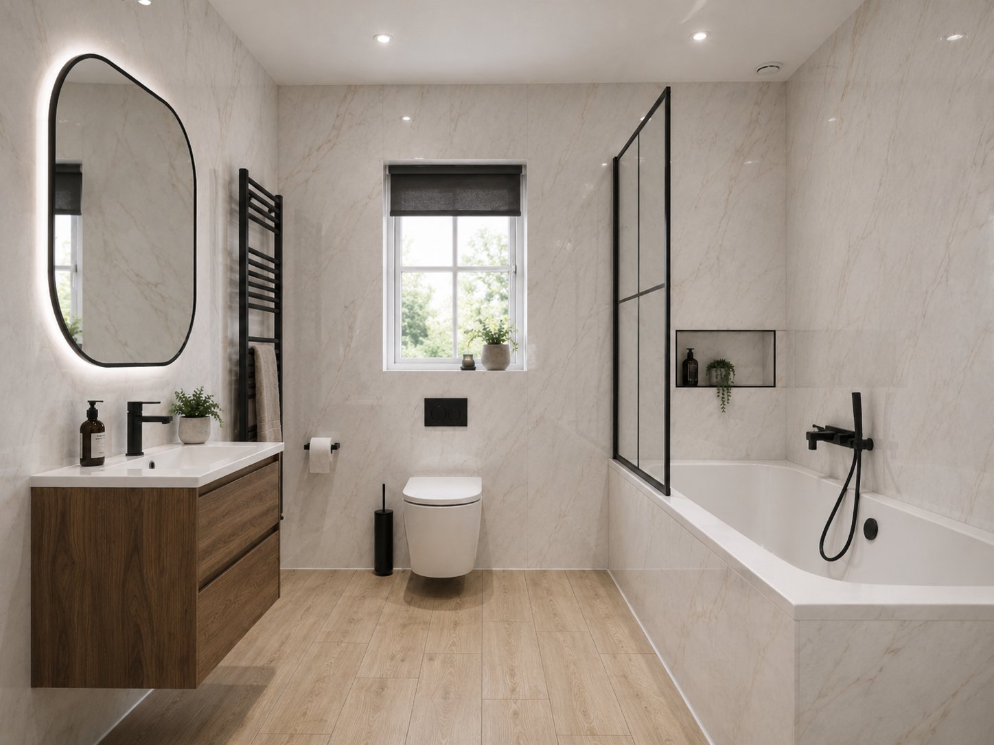 Panelled bathroom with bath and concrete-effect panels