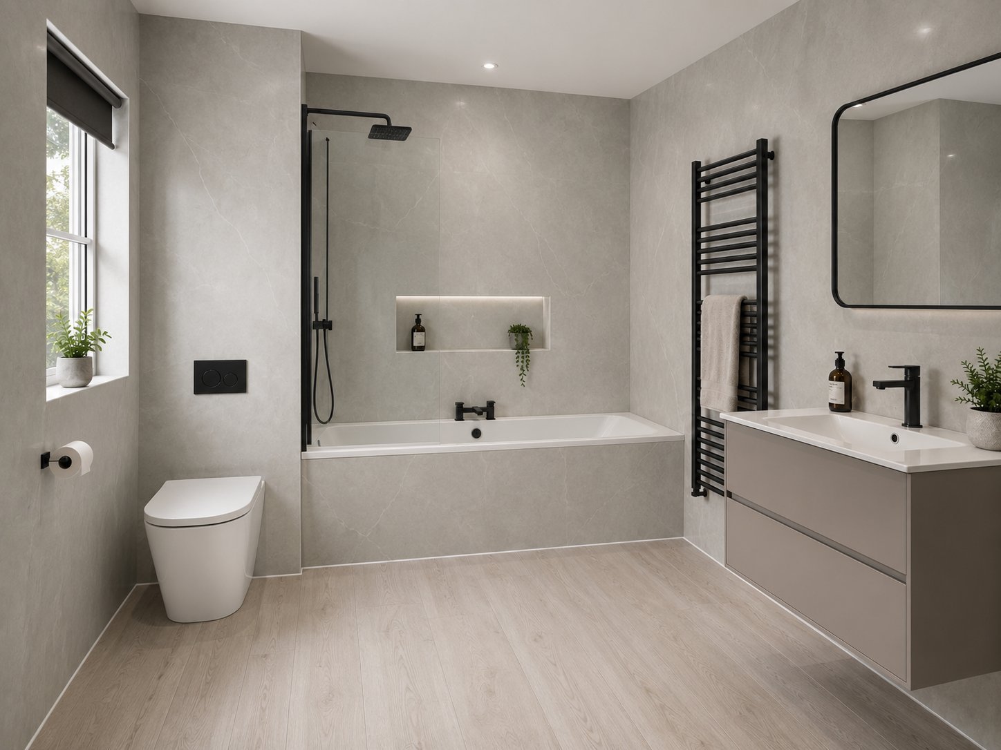 Luxury panelled bathroom with walk-in shower completed by Hammond Property Solutions in London